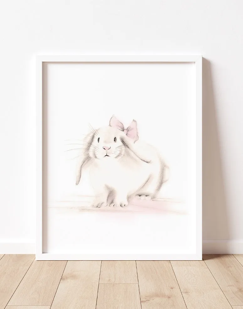 Bunny with Bow Nursery Print in Sweet Blush