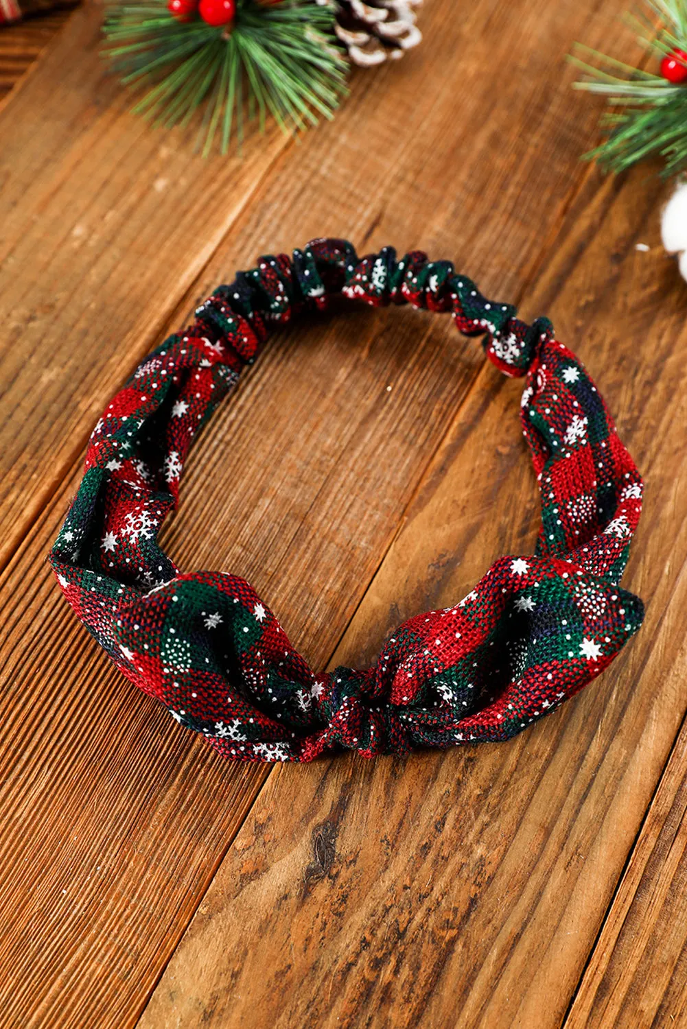 Burgundy Christmas Plaid Snowflake Print Bow Hair Tie