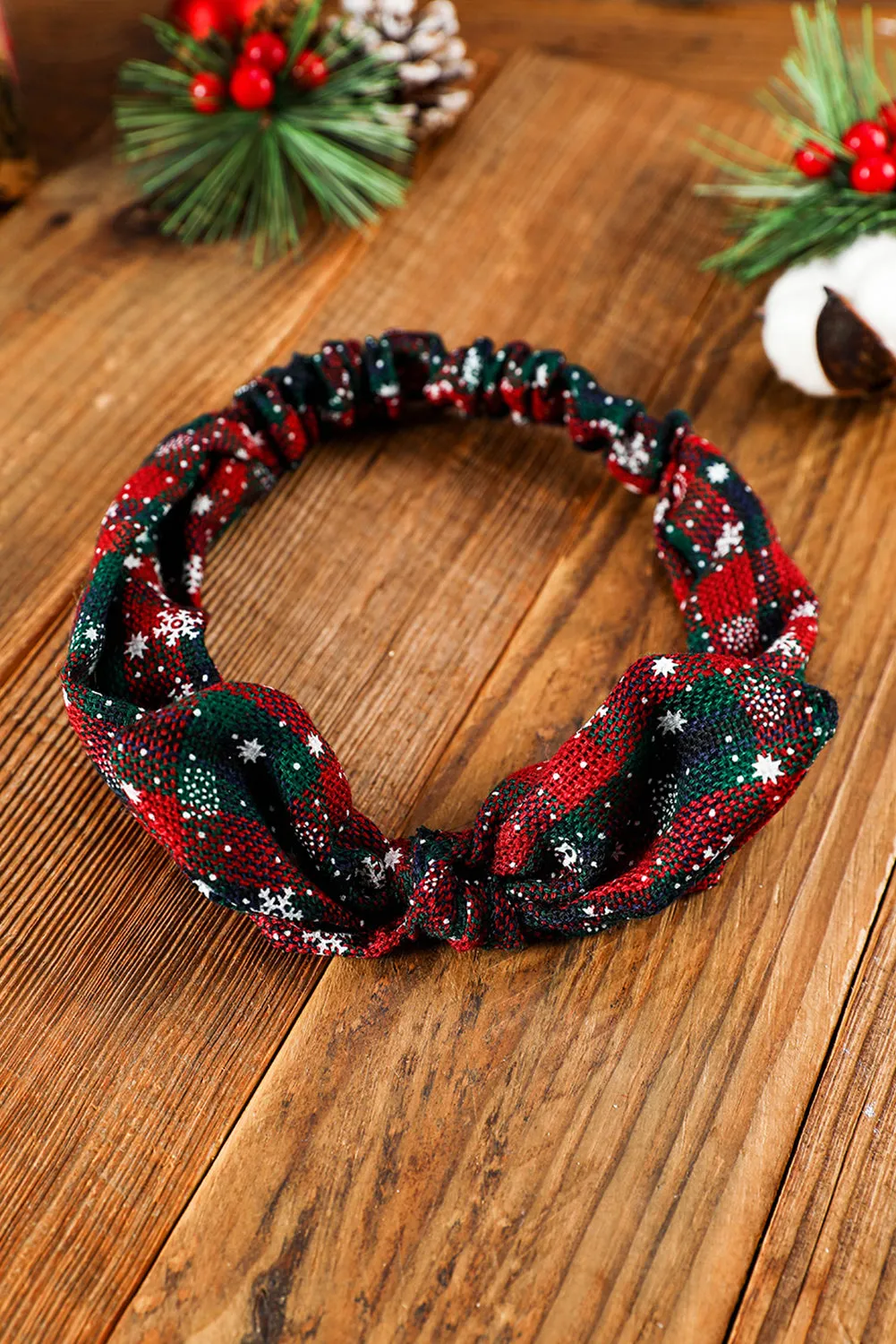 Burgundy Christmas Plaid Snowflake Print Bow Hair Tie