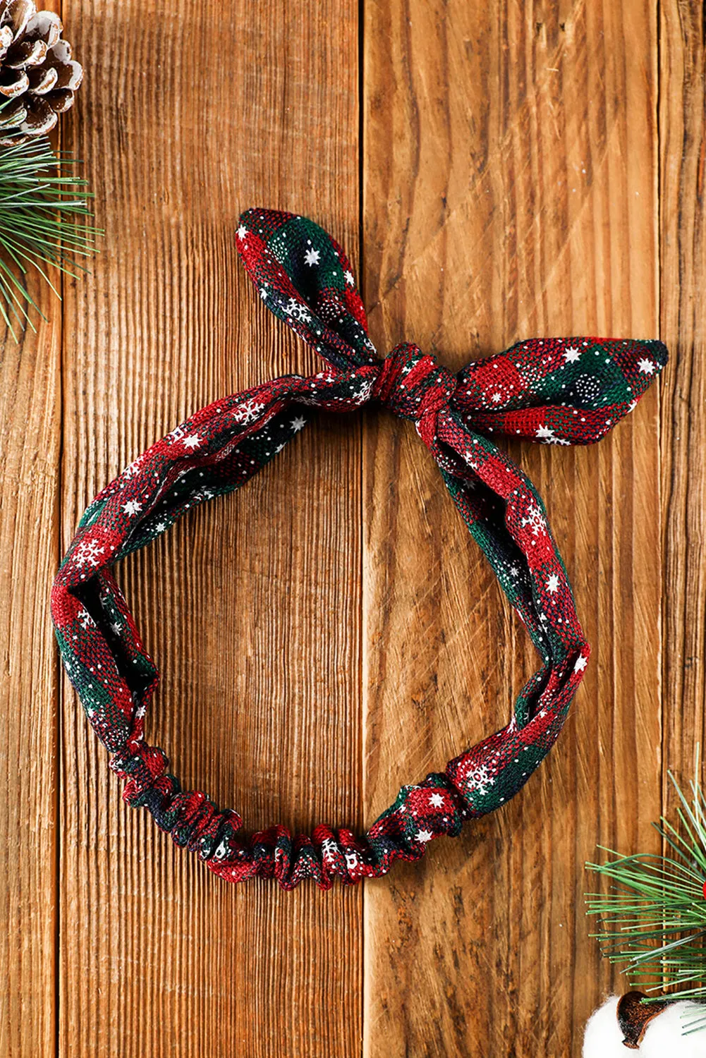 Burgundy Christmas Plaid Snowflake Print Bow Hair Tie