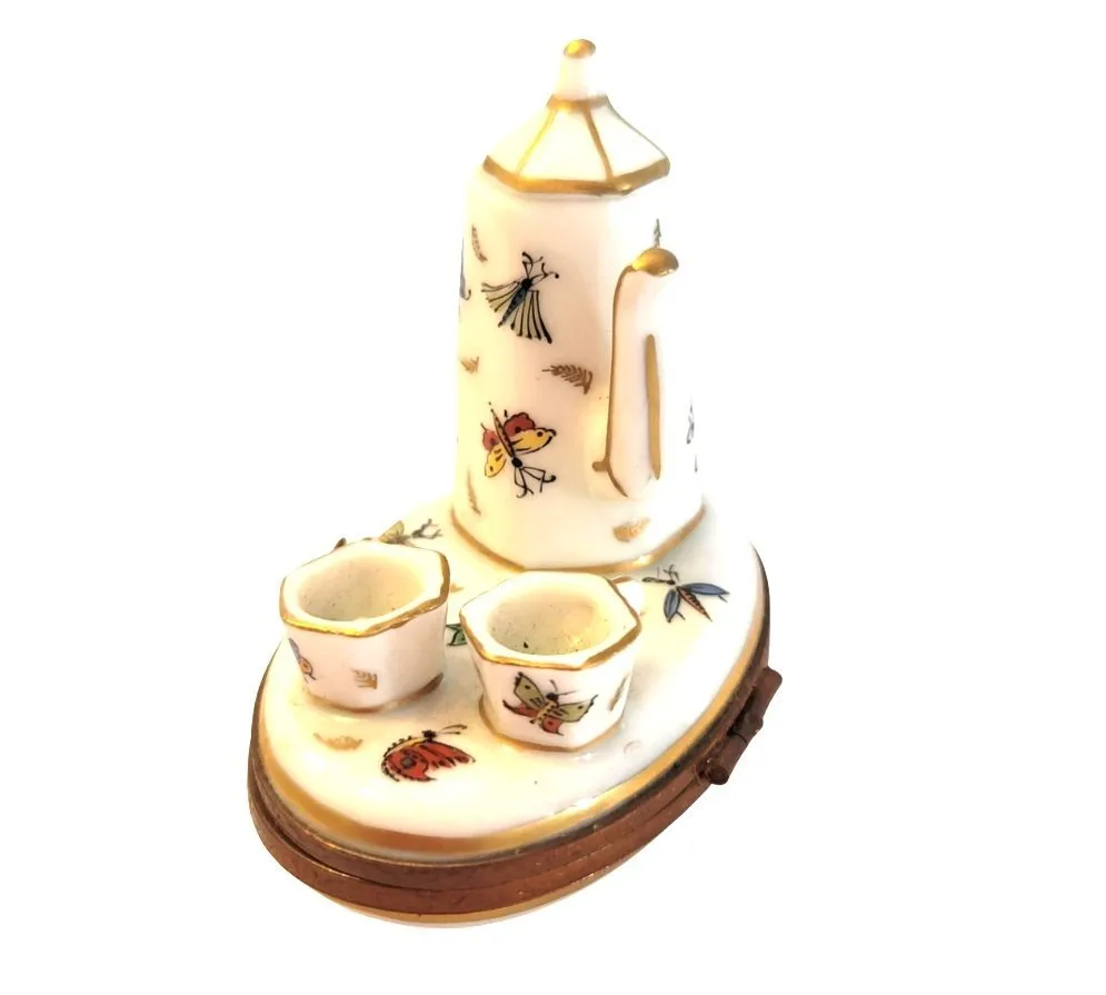 Butterflies White Tea Pot Set w Cups Butterfly