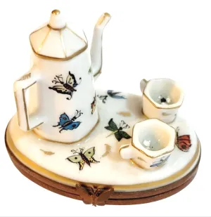 Butterflies White Tea Pot Set w Cups Butterfly