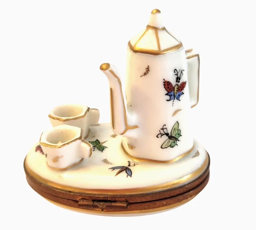 Butterflies White Tea Pot Set w Cups Butterfly
