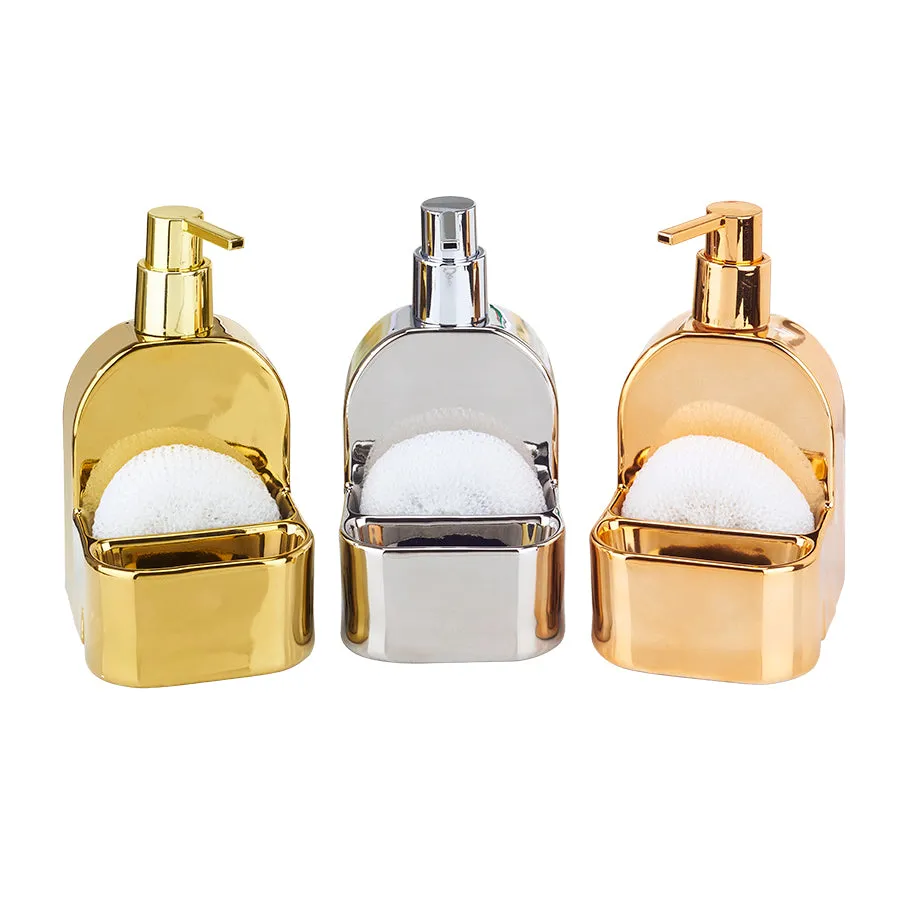 Ceramic Soap Dispenser W.Double Sponge Holder   Scrubber Combo Asst.-Metallic colors