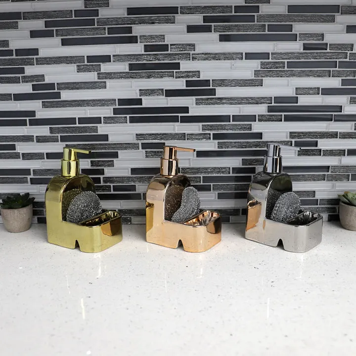 Ceramic Soap Dispenser W.Double Sponge Holder   Scrubber Combo Asst.-Metallic colors