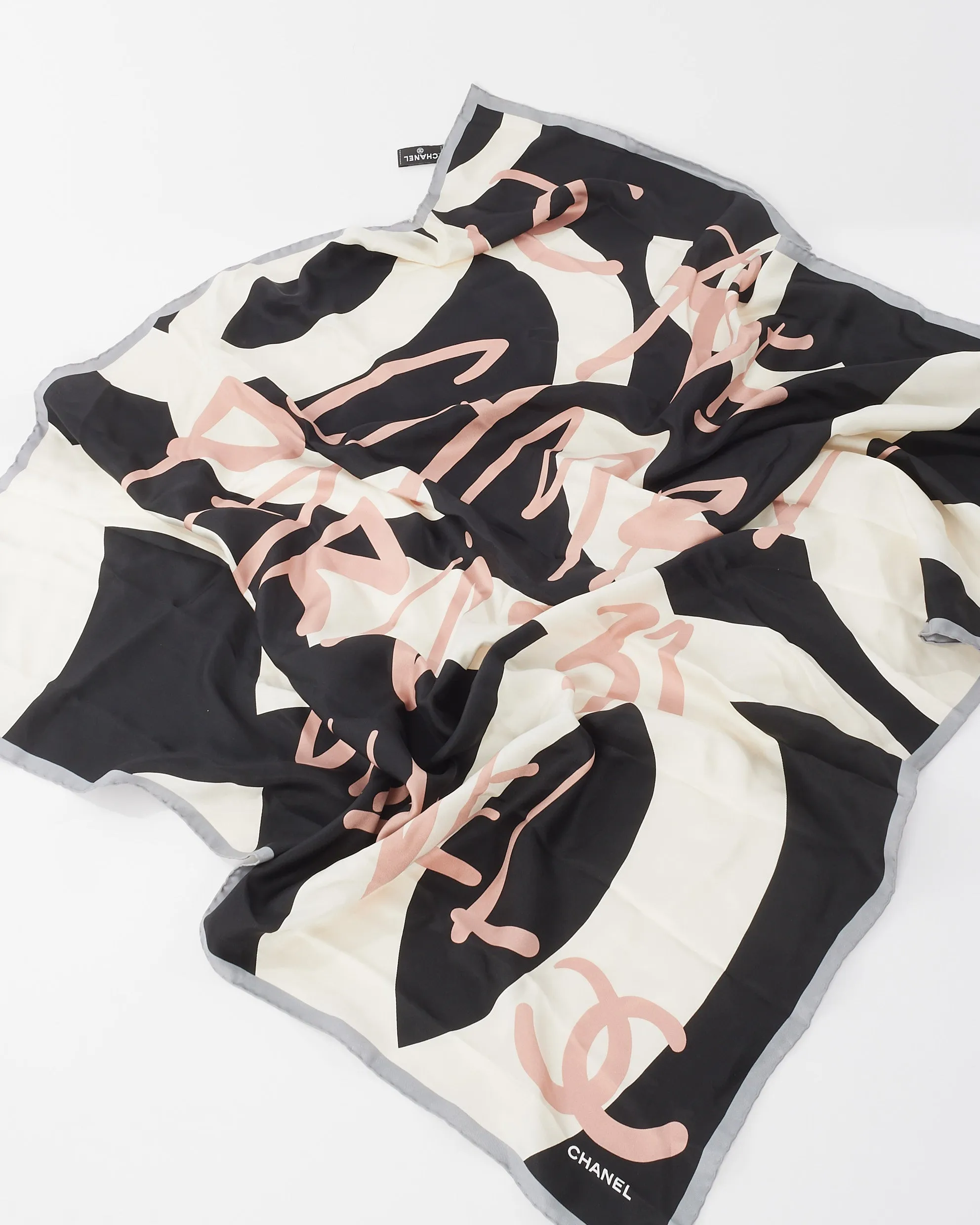 Chanel White Pink & Black Silk CC Logo Square Scarf