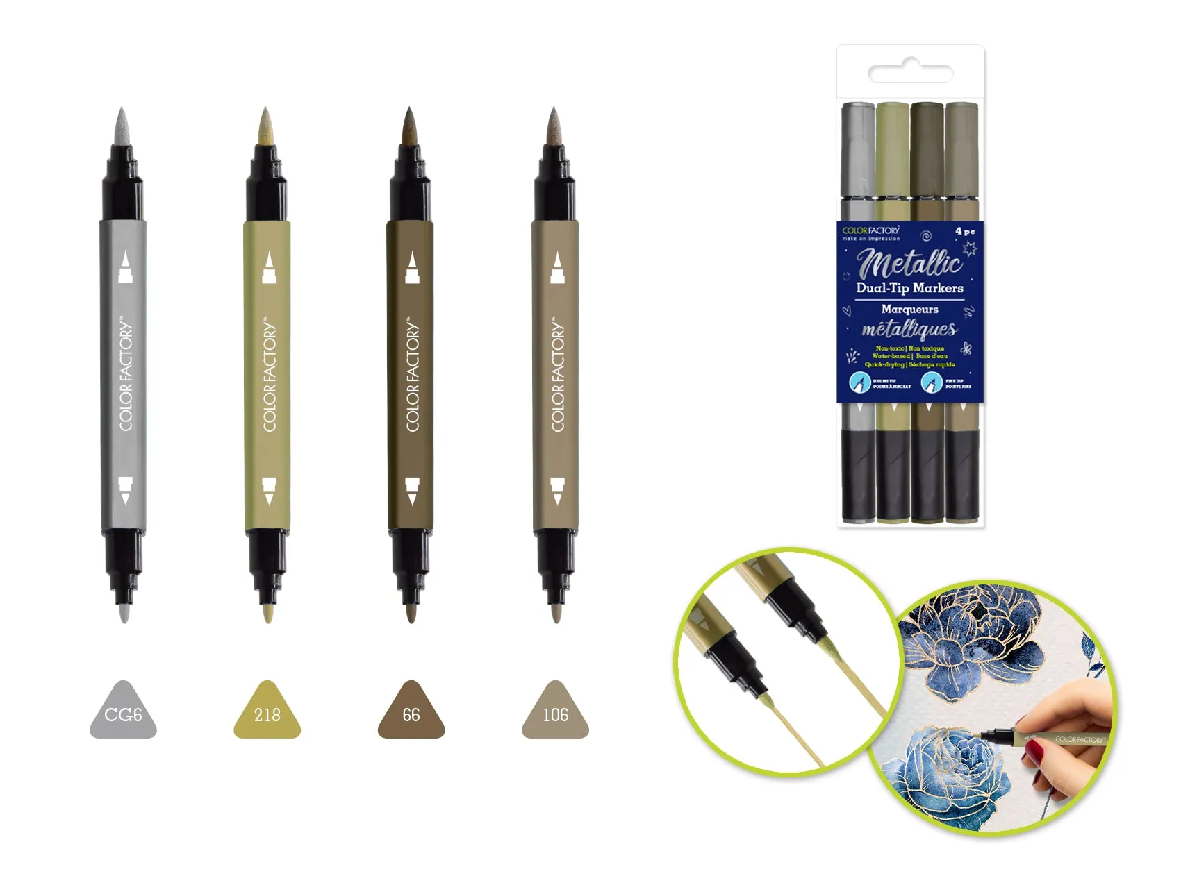Color Factory: Metallic Dual-Tip Markers Fine Brush 4pk Water Based B) Metallique