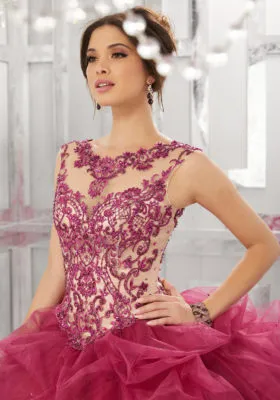 Contrasting Beading and Embroidery on a Ruched Tulle Ballgown