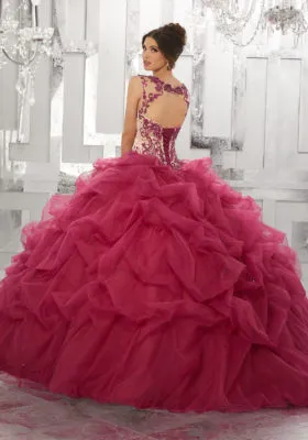 Contrasting Beading and Embroidery on a Ruched Tulle Ballgown