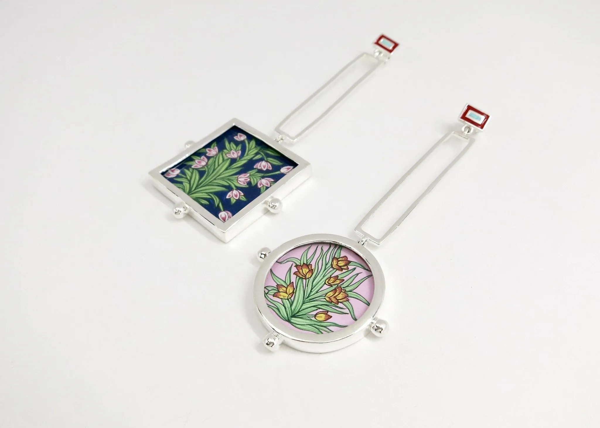 Conversation-starting, statement making, square and round, 'gul' floral earrings
