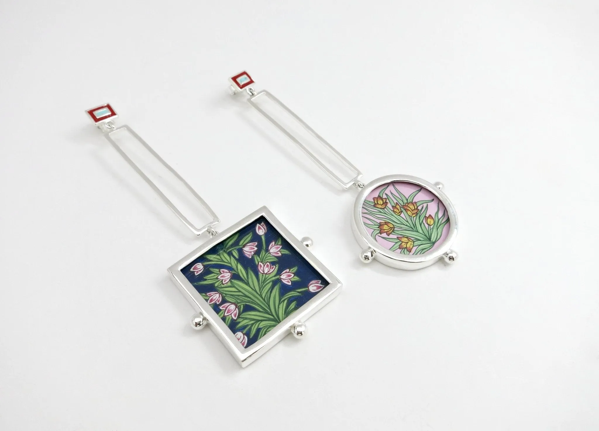 Conversation-starting, statement making, square and round, 'gul' floral earrings