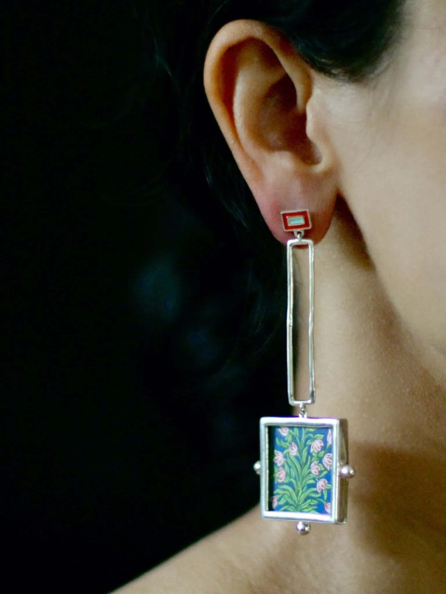 Conversation-starting, statement making, square and round, 'gul' floral earrings
