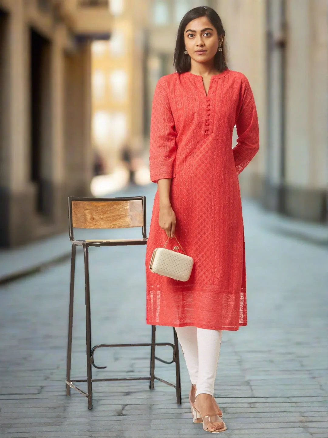 Coral Chikankari Kurta - Paisley Embroidered Georgette Lucknowi Kurta For Women