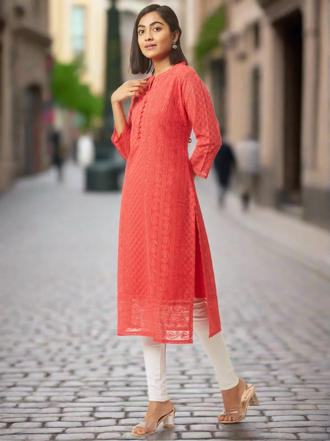 Coral Chikankari Kurta - Paisley Embroidered Georgette Lucknowi Kurta For Women