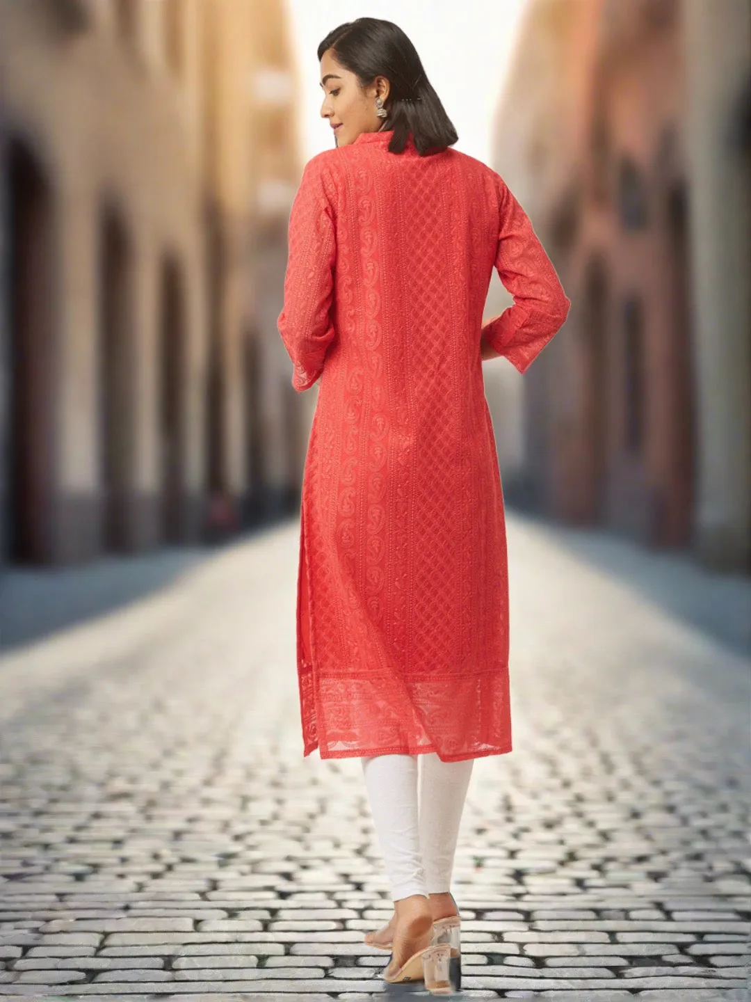 Coral Chikankari Kurta - Paisley Embroidered Georgette Lucknowi Kurta For Women