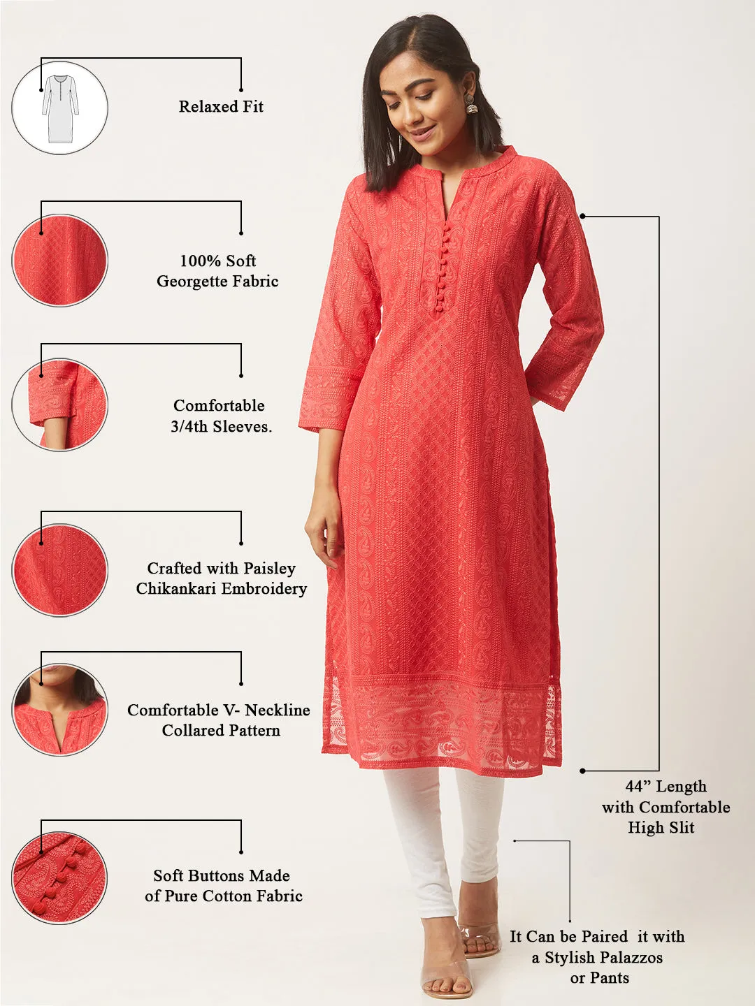 Coral Chikankari Kurta - Paisley Embroidered Georgette Lucknowi Kurta For Women