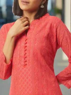 Coral Chikankari Kurta - Paisley Embroidered Georgette Lucknowi Kurta For Women