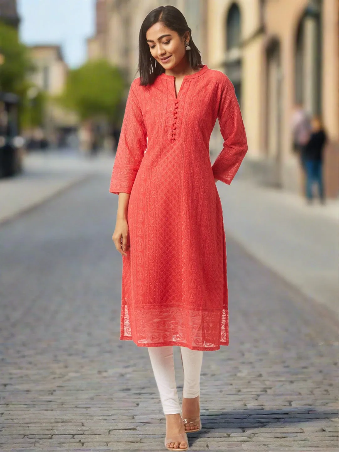 Coral Chikankari Kurta - Paisley Embroidered Georgette Lucknowi Kurta For Women