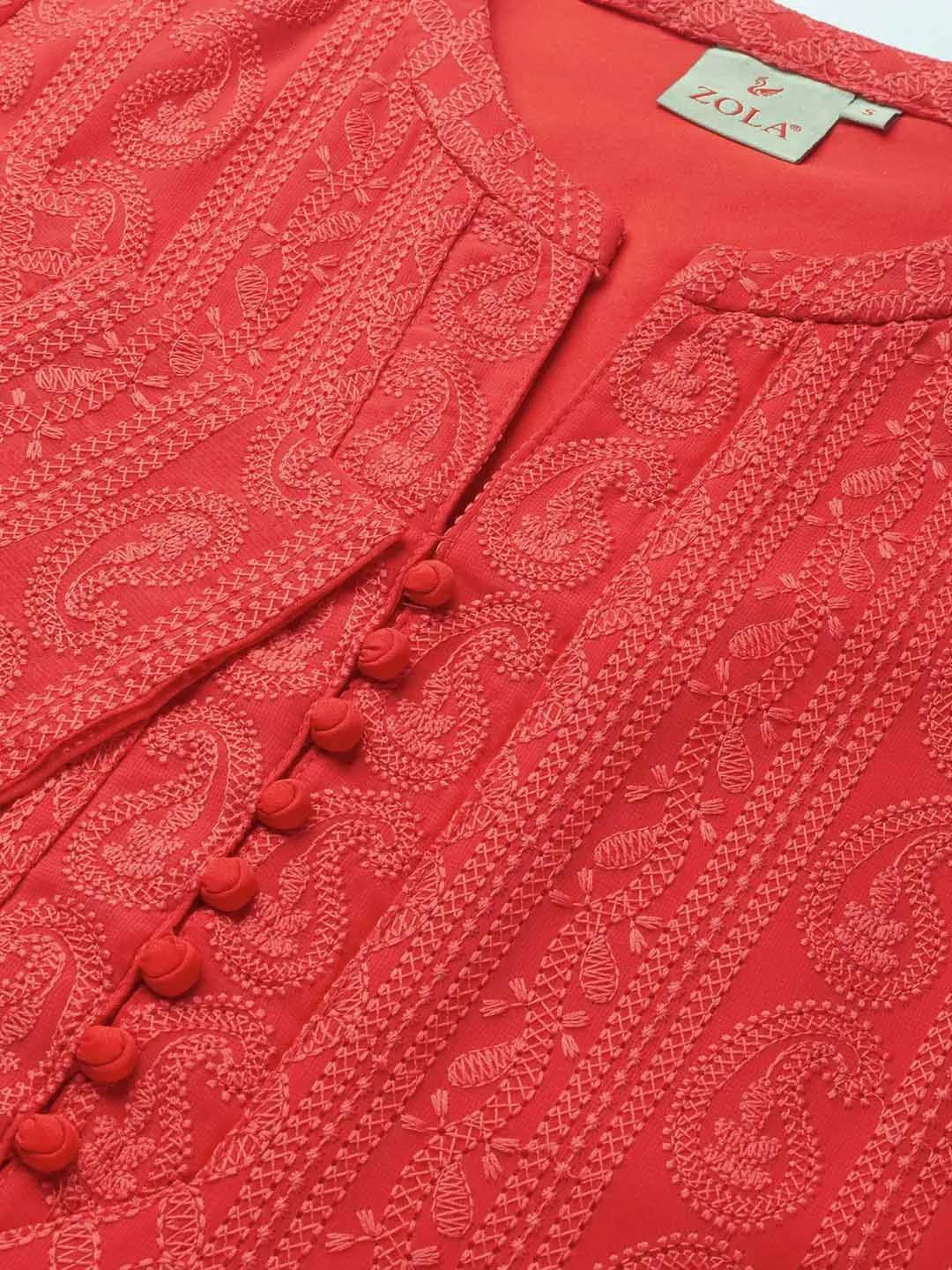 Coral Chikankari Kurta - Paisley Embroidered Georgette Lucknowi Kurta For Women