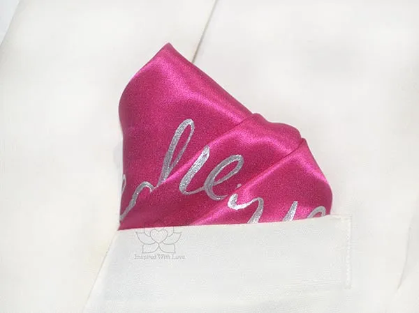 Custom 100% Silk Hand-painted Message Script Magenta Pocket Square - Made to Order