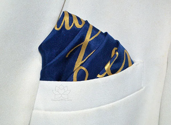 Custom 100% Silk Hand-painted Message Script Navy Pocket Square - Made to Order
