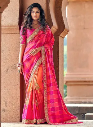 Dark Pink and Peach Embroidered Bollywood Style Saree
