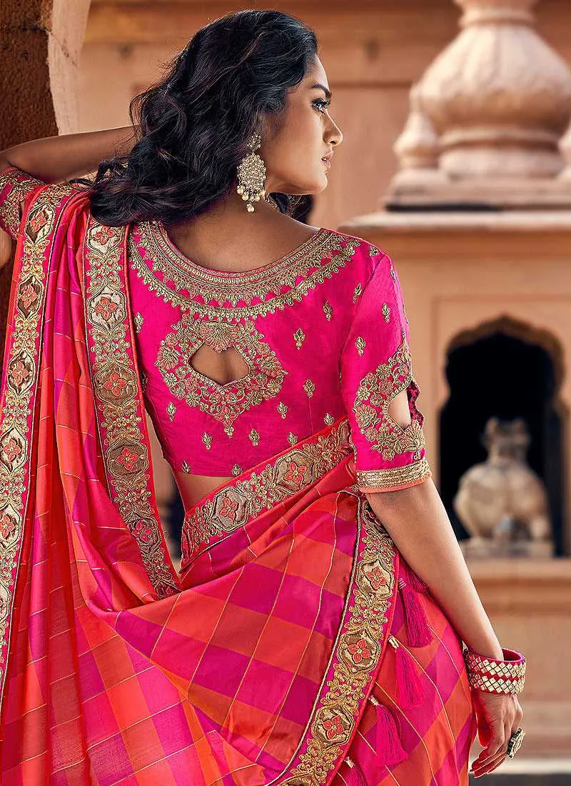 Dark Pink and Peach Embroidered Bollywood Style Saree
