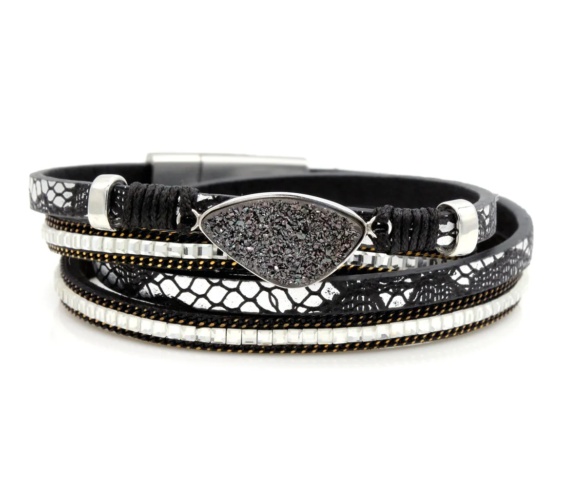 Double Wrap Black Druzy Leather Bracelet
