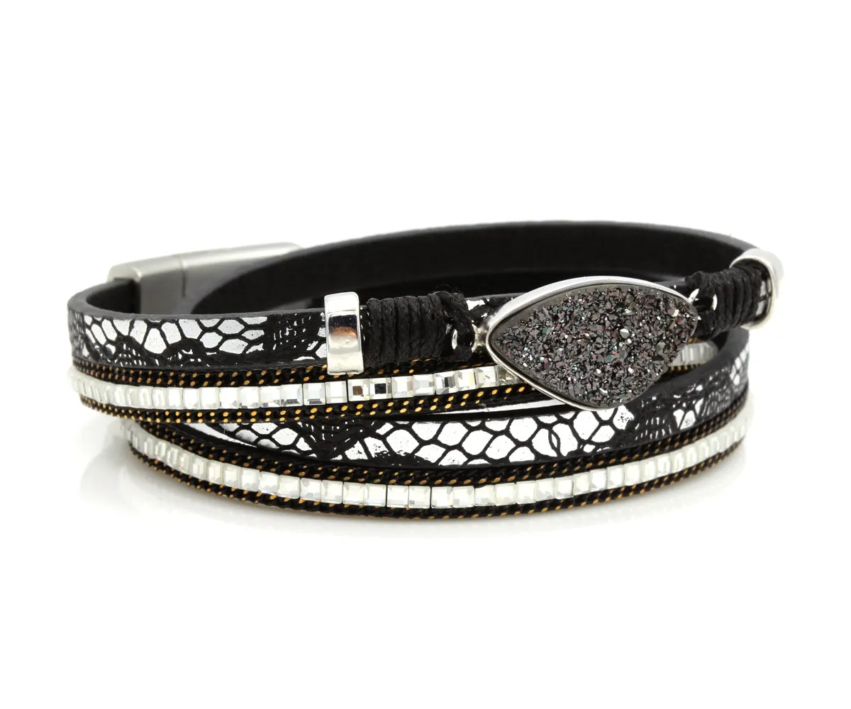 Double Wrap Black Druzy Leather Bracelet
