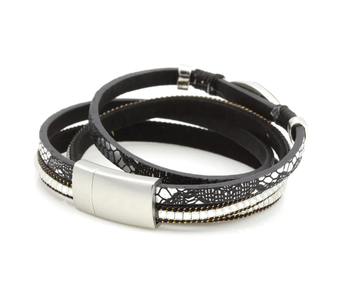 Double Wrap Black Druzy Leather Bracelet