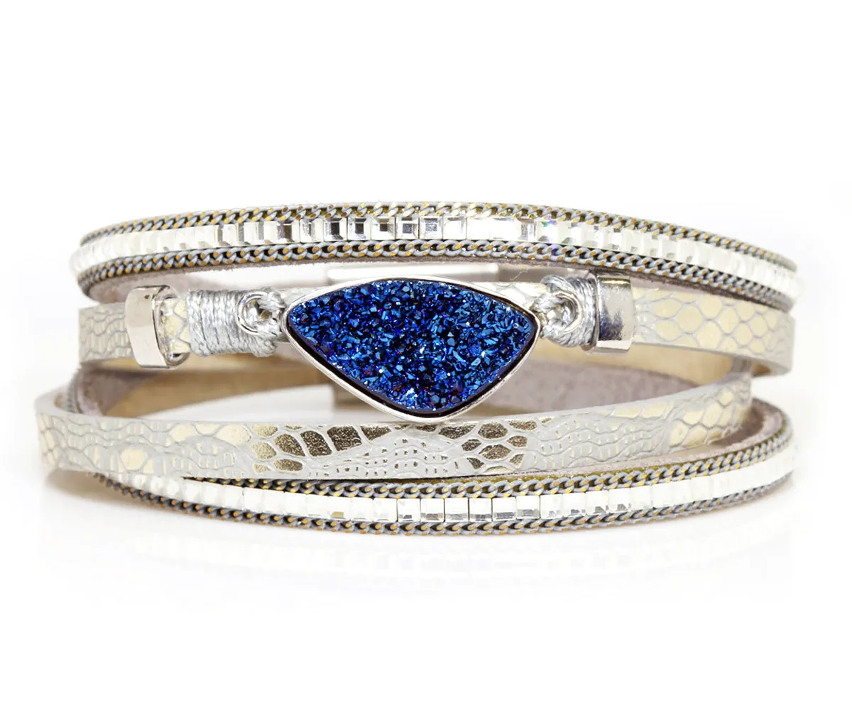 Double Wrap Blue Druzy Leather Bracelet