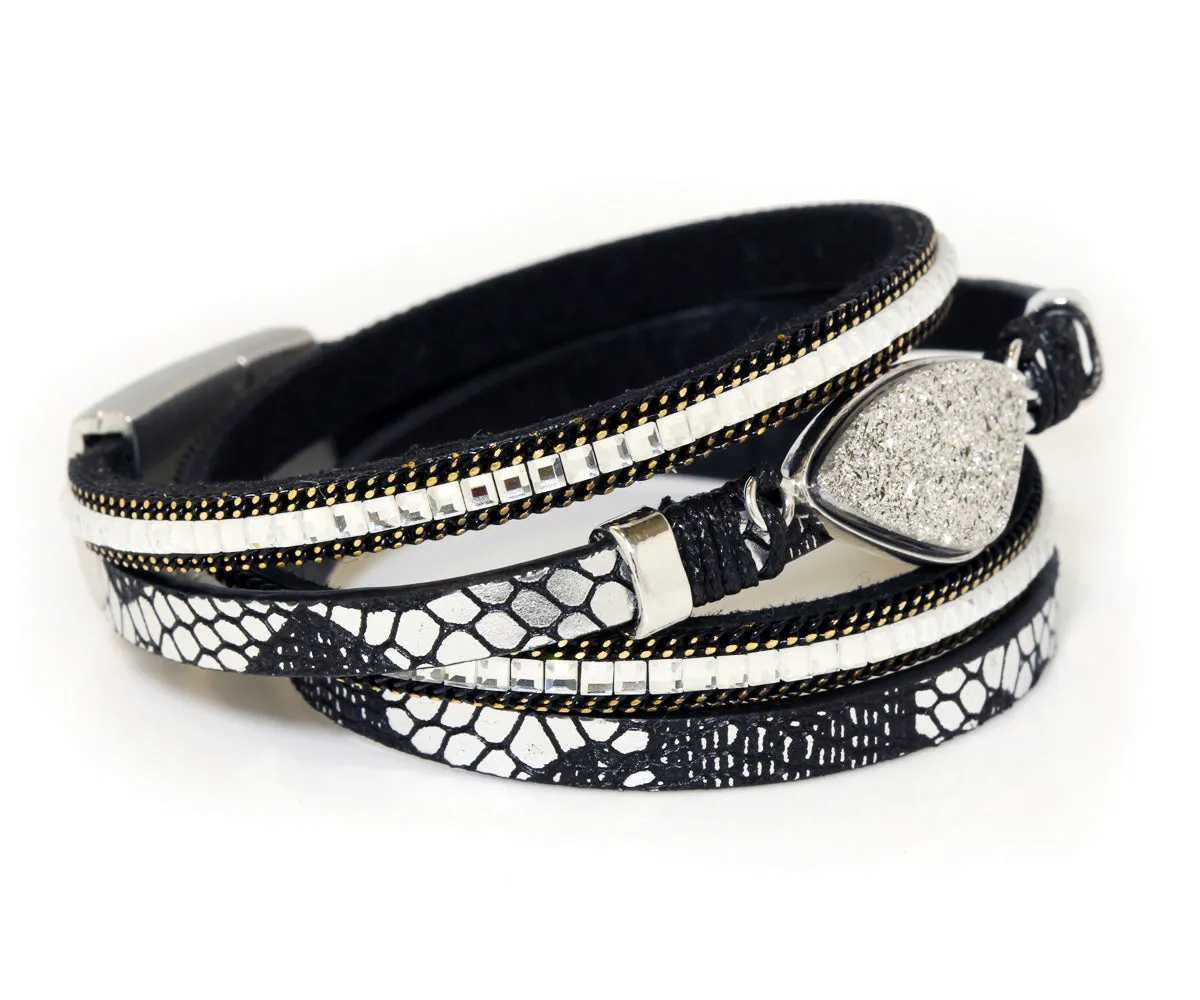 Double Wrap Platinum Druzy Leather Bracelet