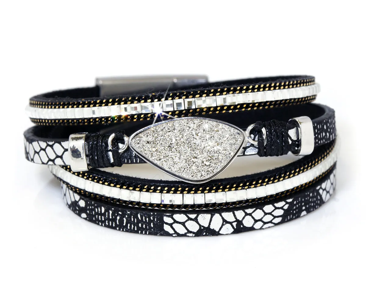 Double Wrap Platinum Druzy Leather Bracelet