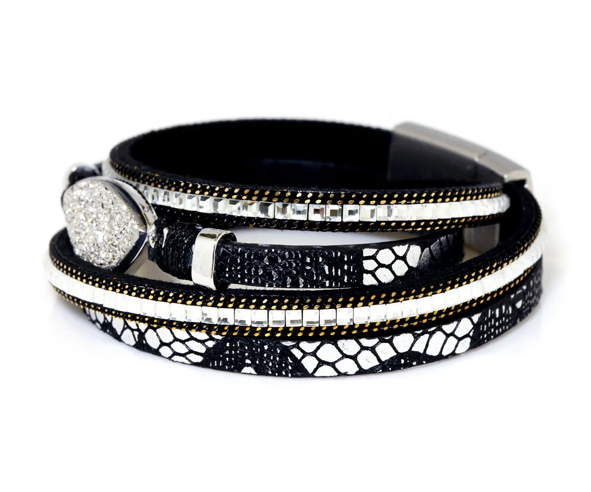 Double Wrap Platinum Druzy Leather Bracelet