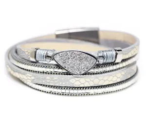 Double Wrap Platinum Druzy Silver Leather Bracelet