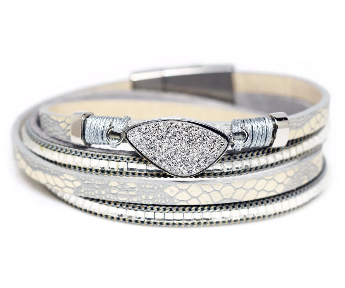 Double Wrap Platinum Druzy Silver Leather Bracelet