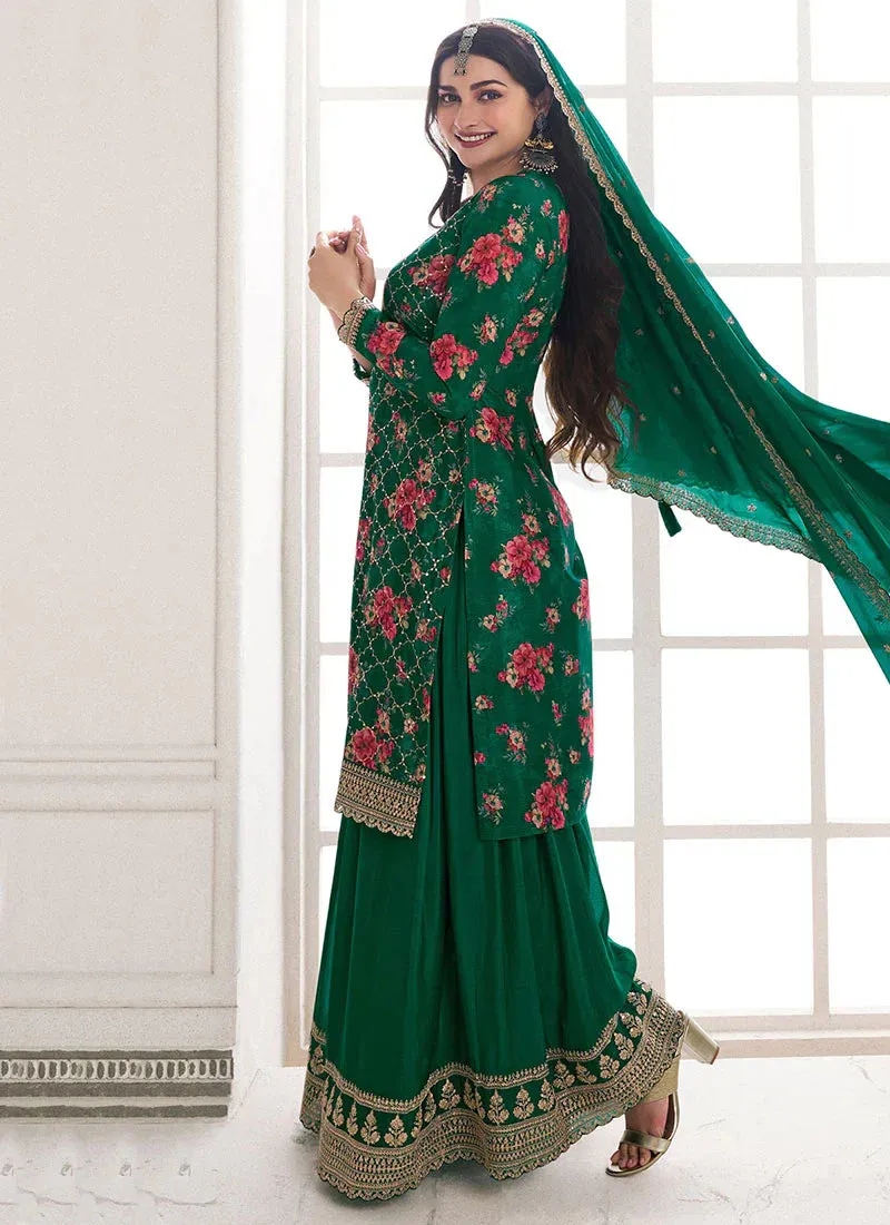 Effortless Green Embroidered Sharara Style Suit