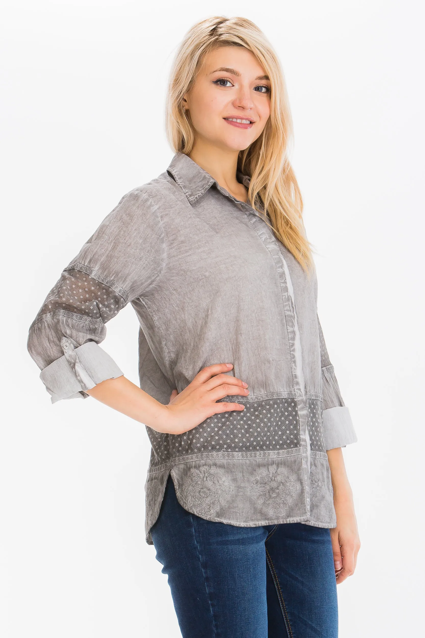 Embroidered Button-down Shirt with Mesh