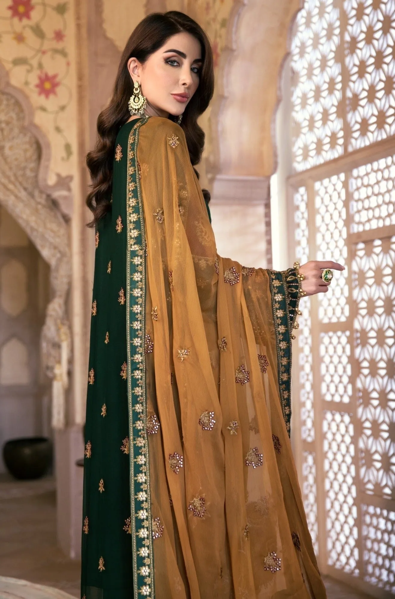 Embroidered Kameez Salwar in Dark Green Shade #PF335
