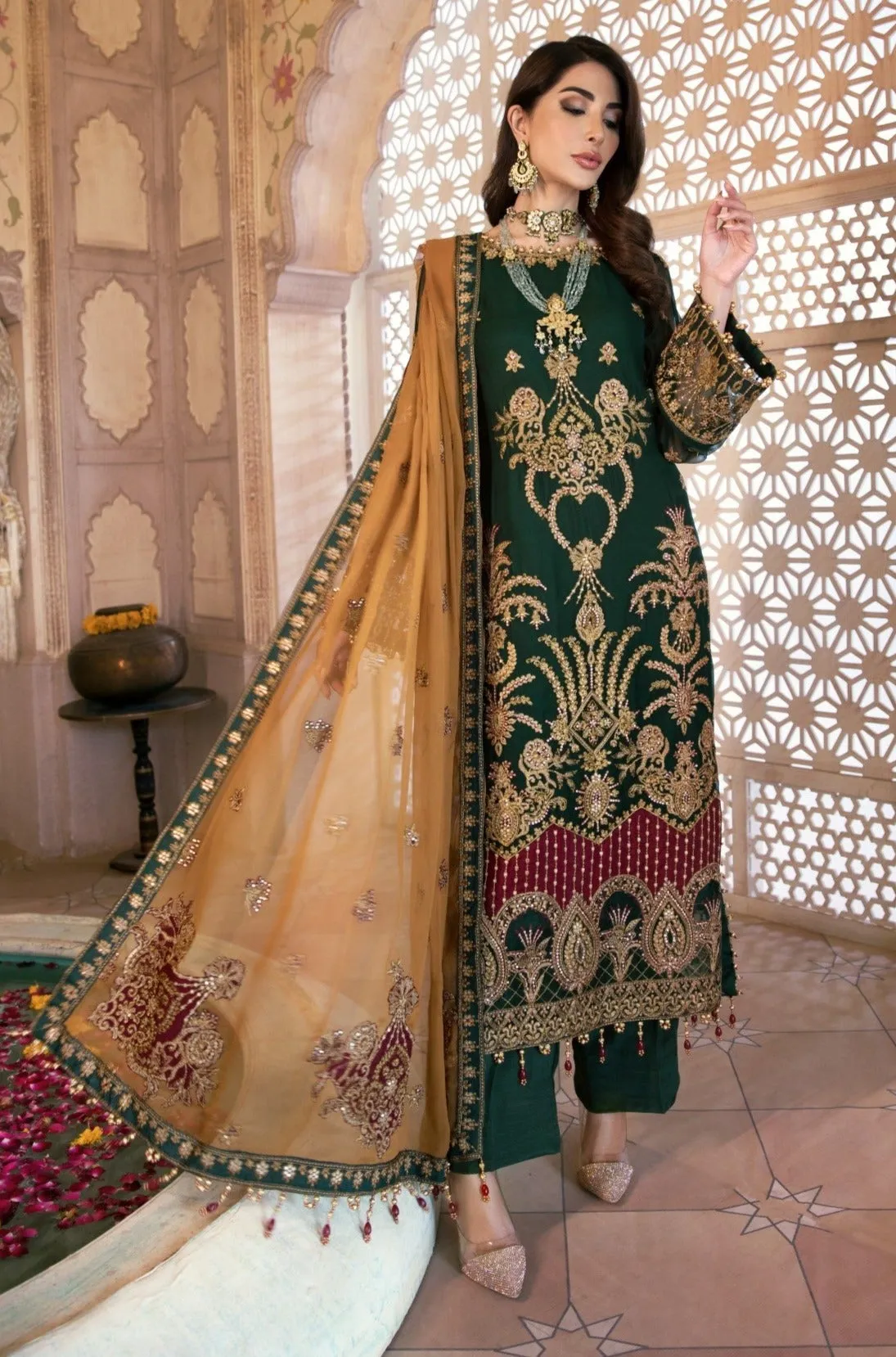Embroidered Kameez Salwar in Dark Green Shade #PF335
