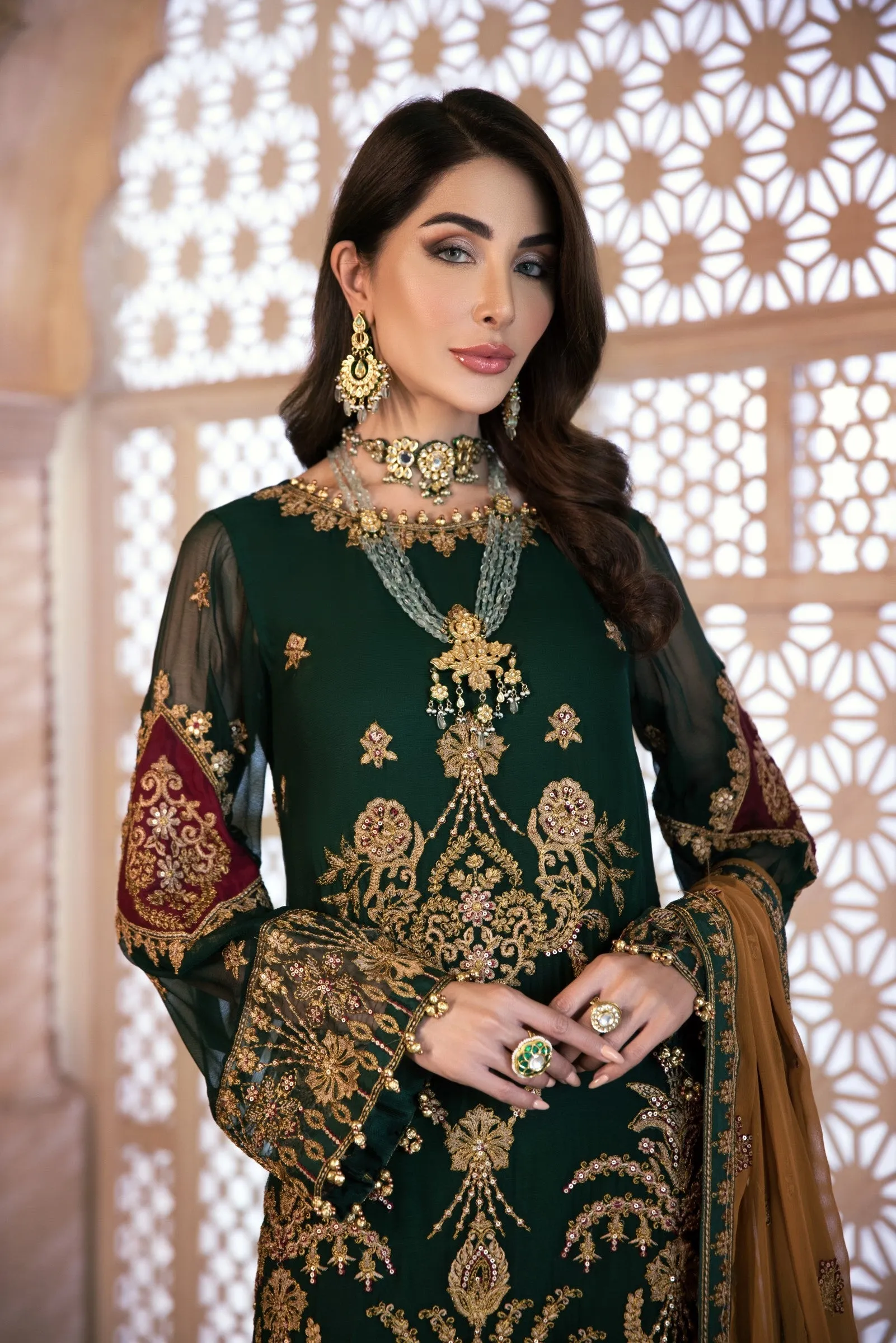 Embroidered Kameez Salwar in Dark Green Shade #PF335