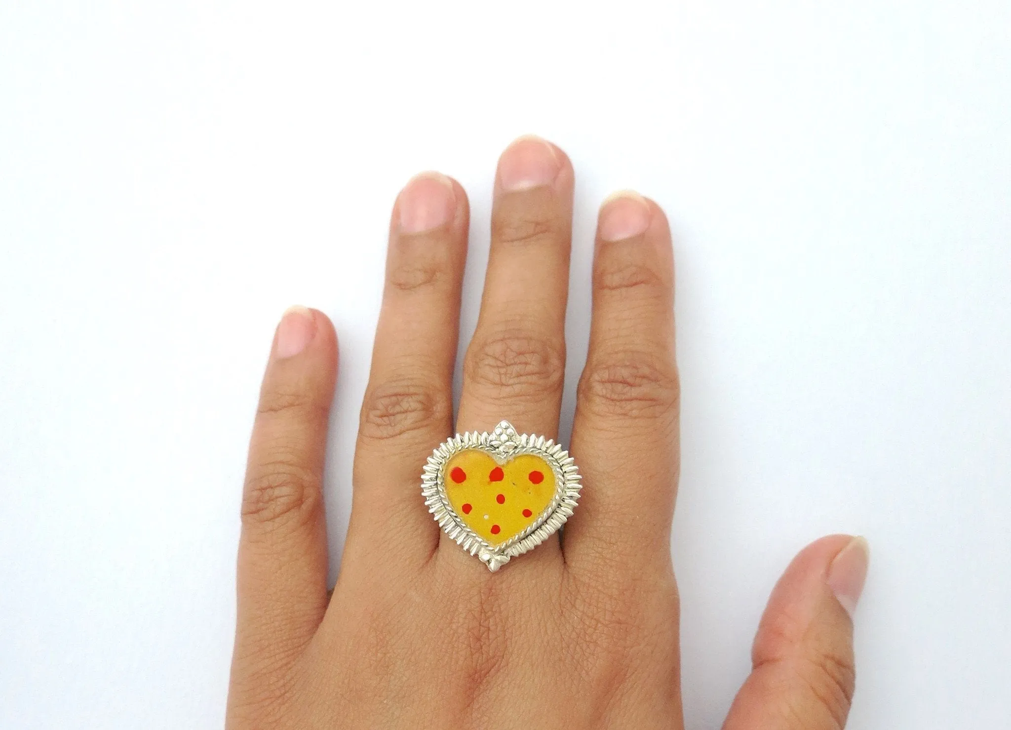 Ethereal, glass-top enamel work heart shape ring