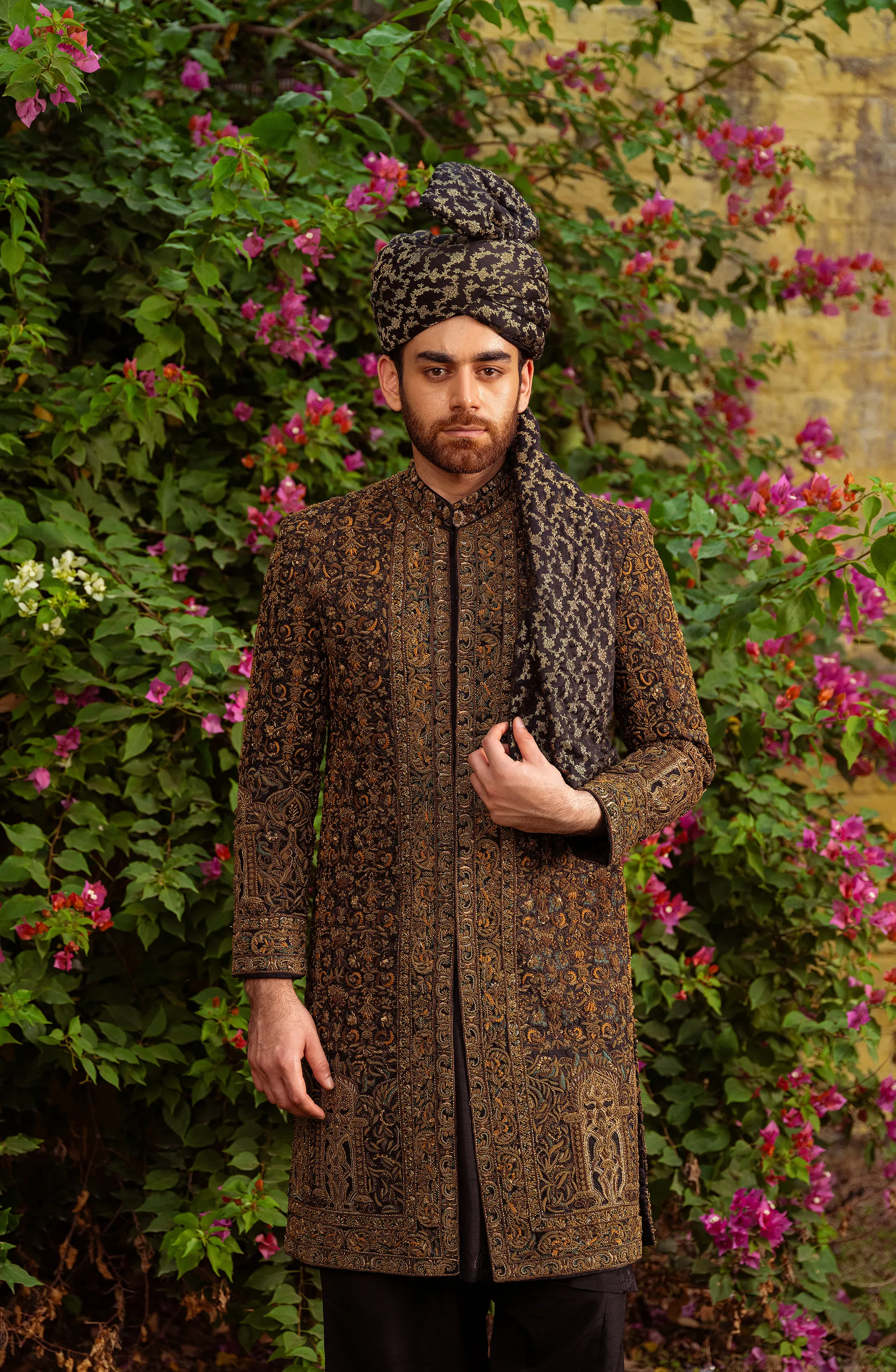 Exquisite Black Silk Heavily Embroidered Pakistani Groom Sherwani