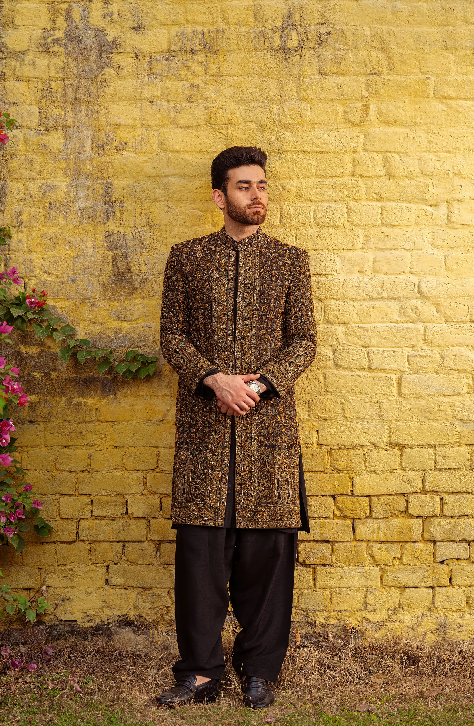 Exquisite Black Silk Heavily Embroidered Pakistani Groom Sherwani