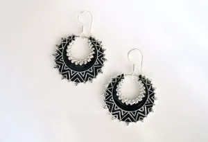 Exquisite, crescent shape, dangle earrings with fine black enamel work