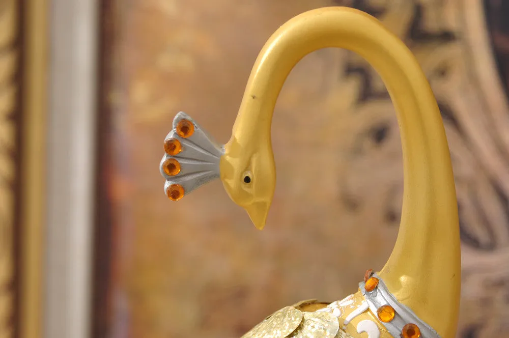 Exquisite Pair of Hand Painted Peacock Sculptures - Gold & Silver