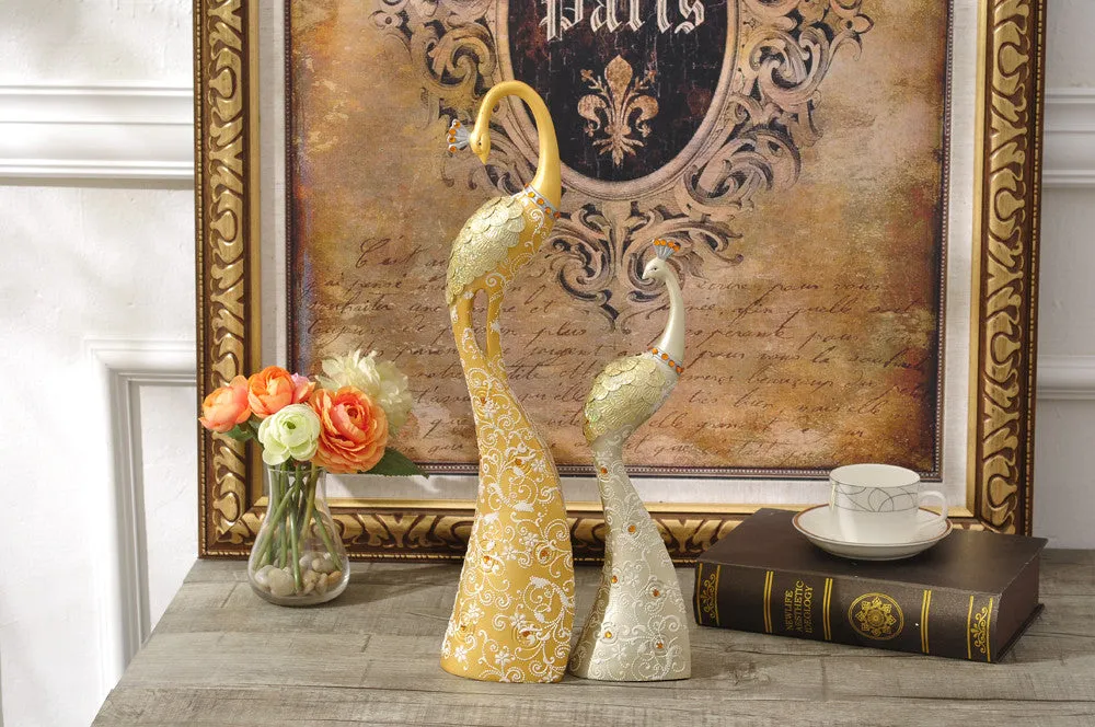 Exquisite Pair of Hand Painted Peacock Sculptures - Gold & Silver
