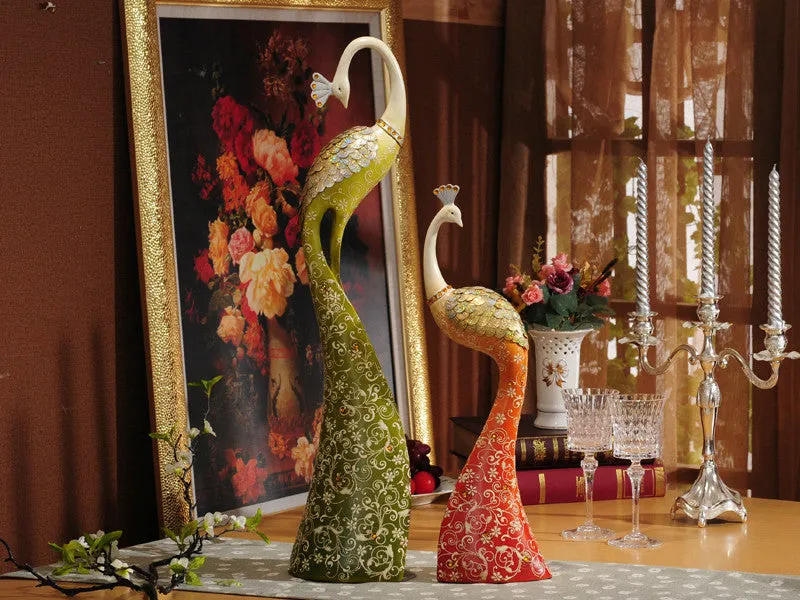 Exquisite Pair of Hand Painted Peacock Sculptures - Green & Red( set)