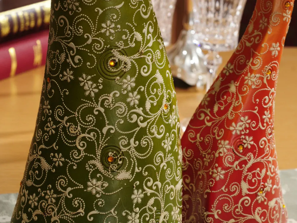 Exquisite Pair of Hand Painted Peacock Sculptures - Green & Red( set)