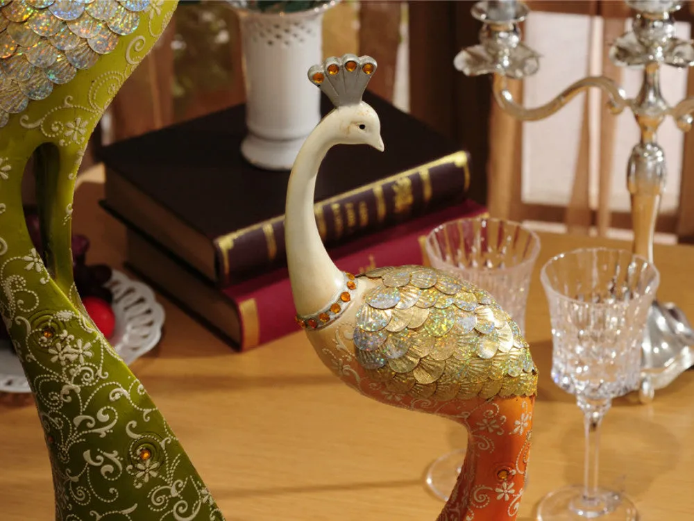 Exquisite Pair of Hand Painted Peacock Sculptures - Green & Red( set)